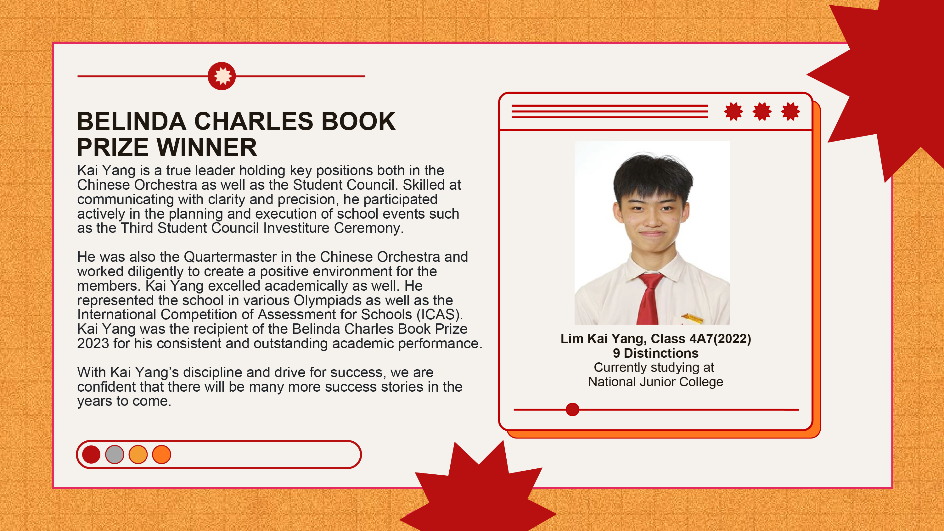 Award card for Belinda Charles Book Prize winner Lim Kai Yang, featuring his photo and achievement details.